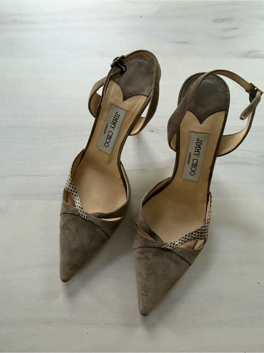 Jimmy Choo Taupe Suede Pointed-Toe Ankle-Strap Heels with Snake-Print Trim
